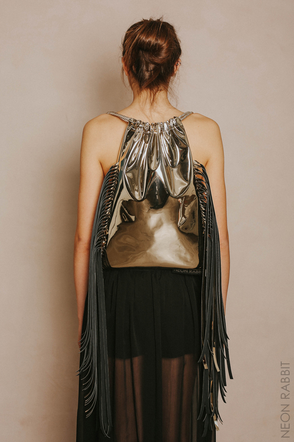 Drawstring backpack; vegan gold leather; NEON RABBIT